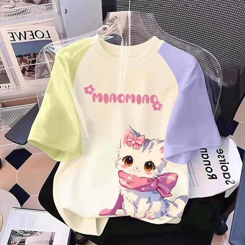 T-shirt Stampata con Grafica di Gatto Cartone Animato per Ragazza Estiva Casual da Donna per Bambini a Maniche Corte Abbigliamento