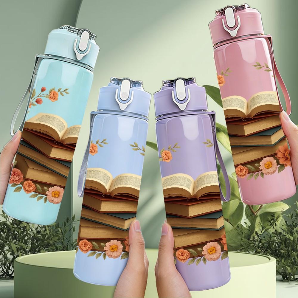 1PC Book Wreath Floral Frame Layout 750ml Color Plastic Sports Water Bottle Leakproof Flip Straw Lid For Sports Office Home Use