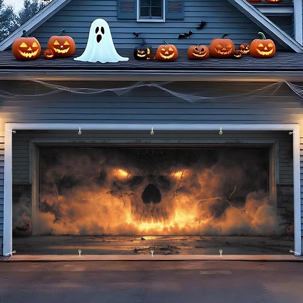 Halloweenový potah na garážová vrata s lebkou 7x16 stop, Dekorace na pozadí, Garážová vrata