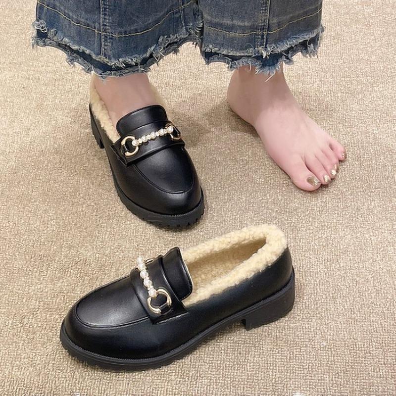 Small Leather Shoes Winter New Fluffy Shoes Thickened One Pedal Doudou Shoes Women Velvet Women