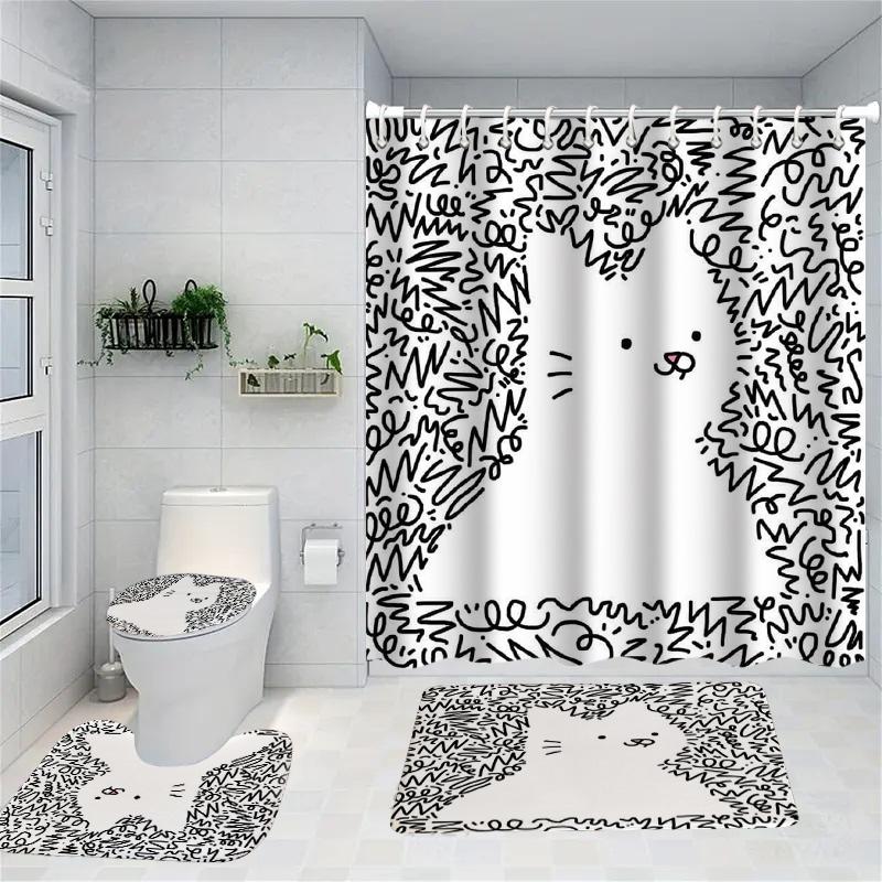 Animal Abstract Patterns Black Whit Shower Curtain Bath Sets Waterproof Non-Slip Bathroom Rug Toilet U With 12 Hooks Home Deco