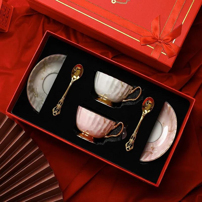 Exquisite Souvenir Bone China Coffee Cup Saucer Set Creative Water CupTea Cup European Style High-Value Tea Cup Tea Set Gift box