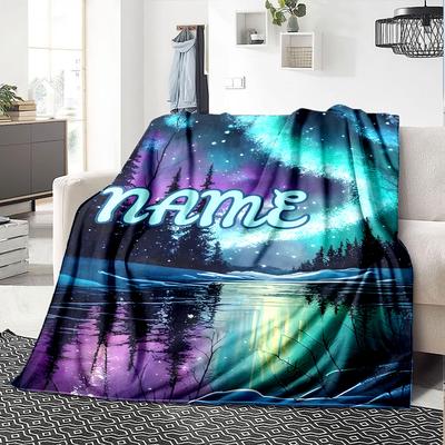 Northern Over Snowy Forest Reflecting In River With Overlay Lightweight Customizable Blanket Customize Text Comfortable Perfect For Sofa Couch Office