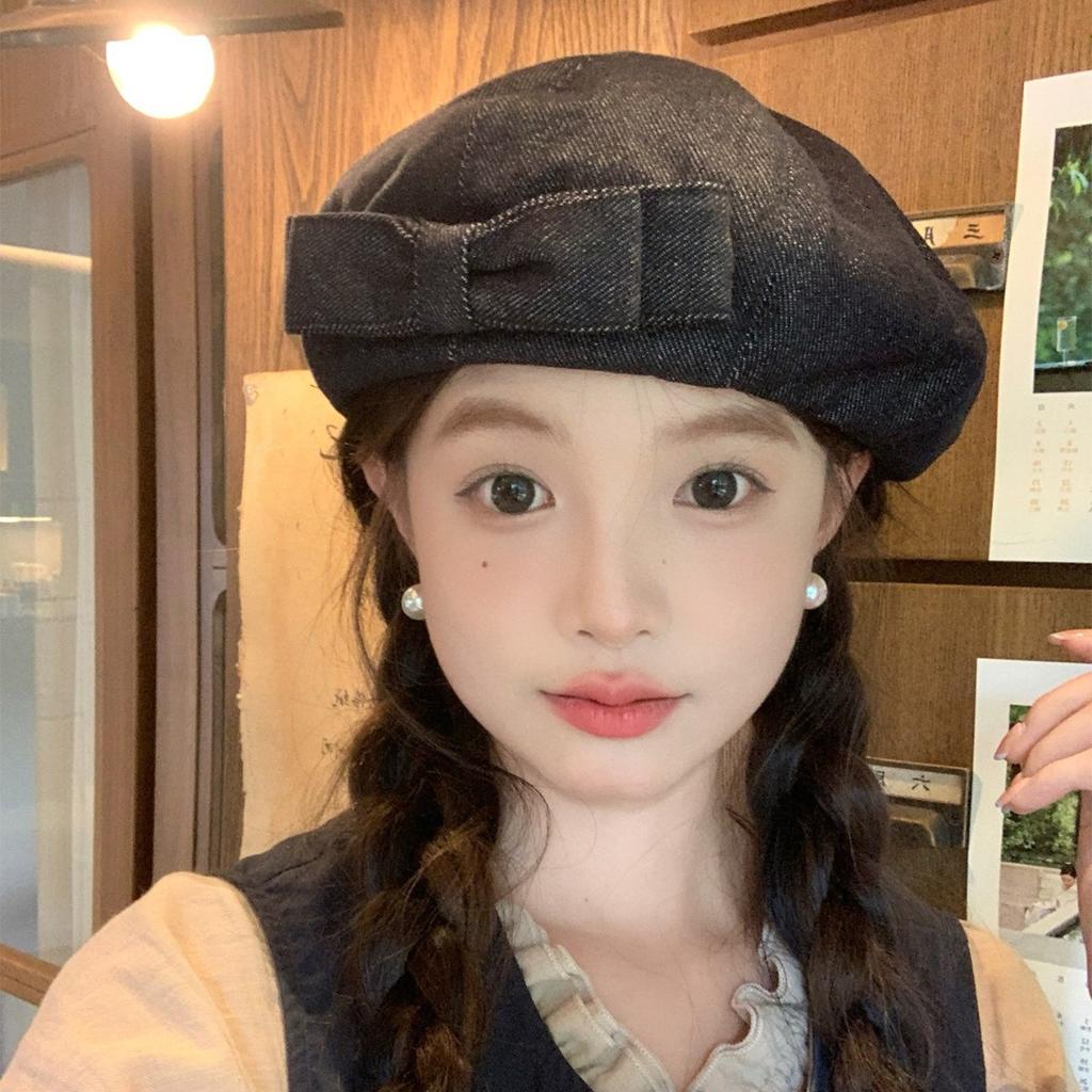 Hand made Sweet Double Layered Bow Denim Beret Hat for Women with A Small Face and Big Head Circumference Painter's Hat