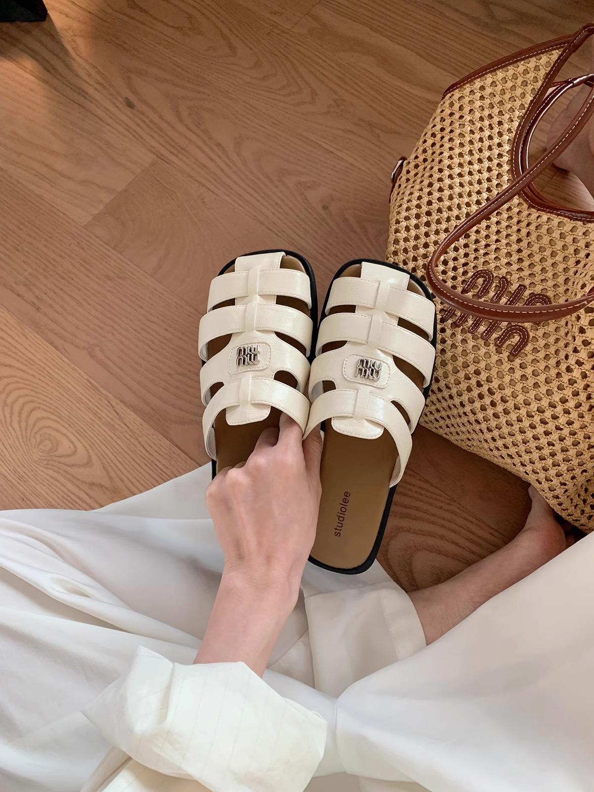 

Sheepskin~ French hollow slippers women s Roman woven bag head half drag summer wear a pedal Muller cool slippers 40