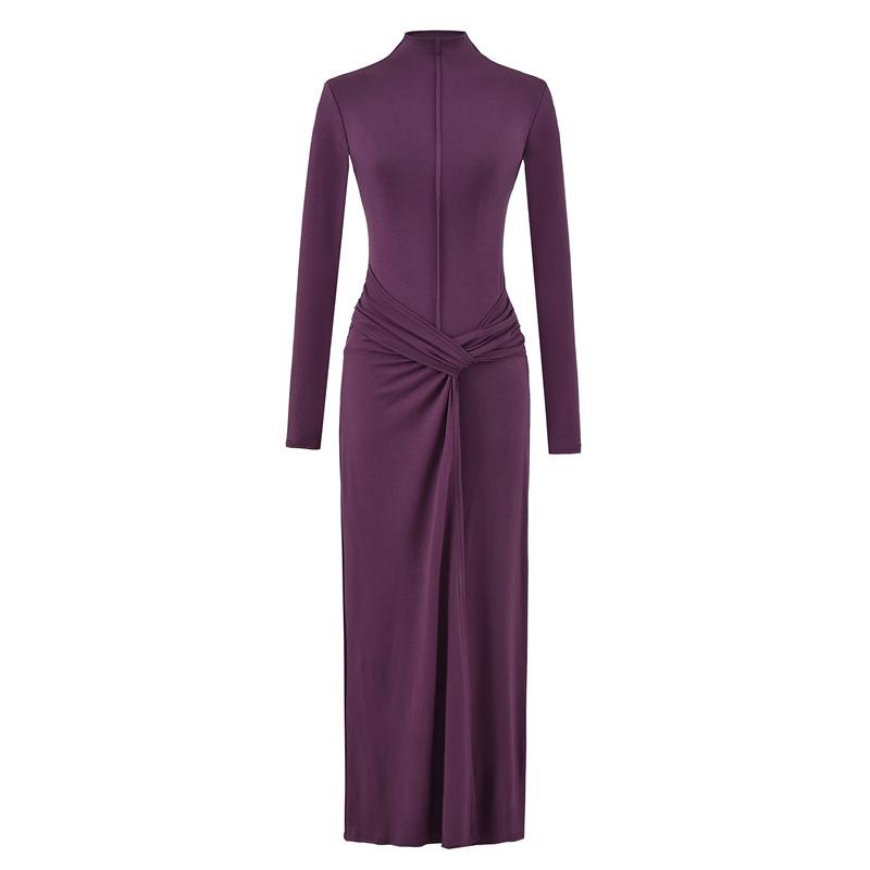 Elegant High-Neck Long-Sleeve Dress for Women, Autumn/Winter, Waist-Cinching, Hip-Hugging with Twisted Design