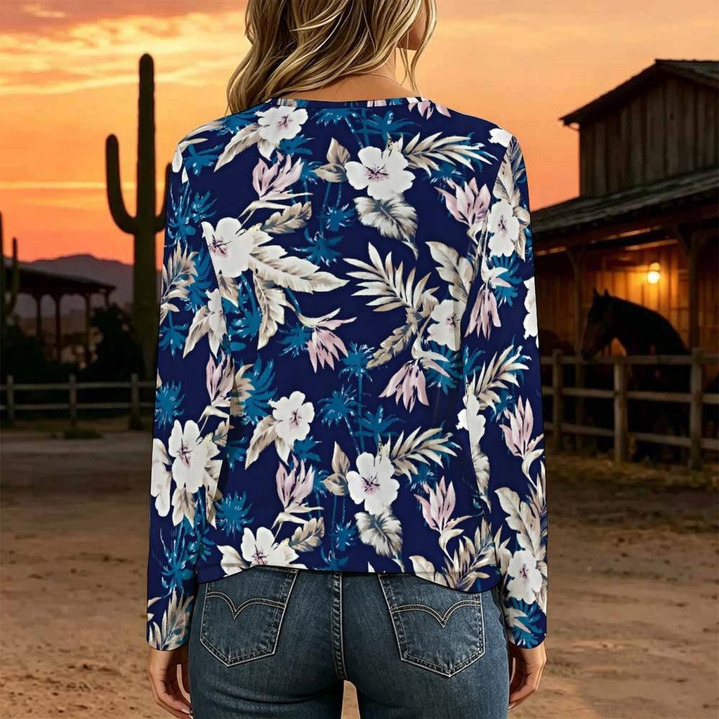 Women Plus Size Floral Print Lace Up V Neck Long Sleeve Daily Casual Top