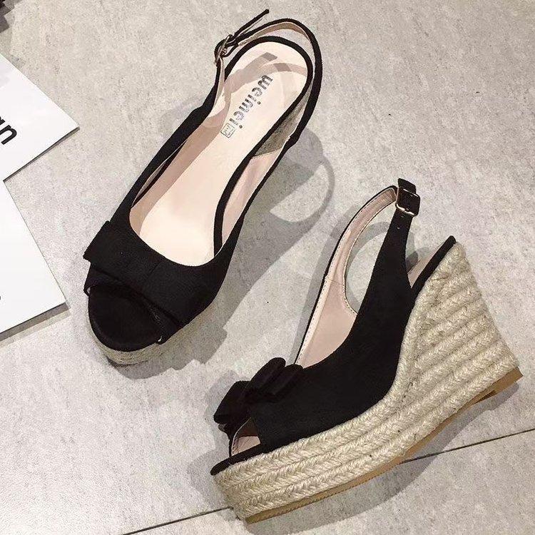 2025 Summer New French Naked Pink Bow Wedge Sandals Waterproof Table Not Tired Thick Heel High Heels