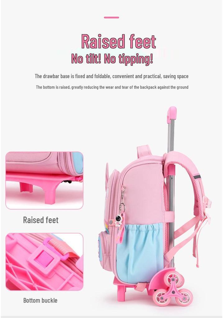 Large Capacity Trolley School Bag for Girls, Grades 3-6 - Stair Climbing & Detachable Design