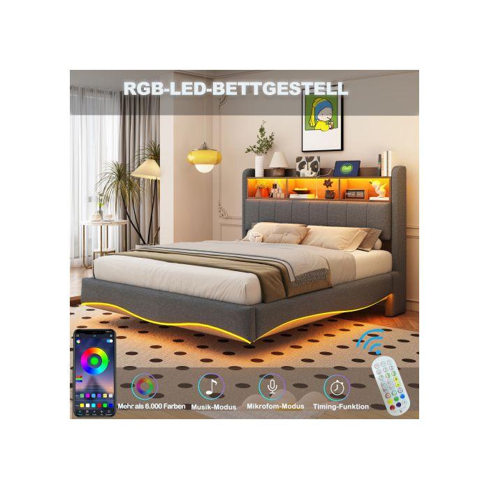 Pat de perete - MUVOE - 140x200 - Țesătură in gri - Depozitare cu iluminare LED - Porturi USB și Type-C