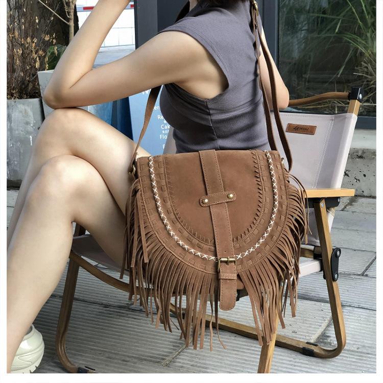 Tassel Bag Brown Retro Western Denim Bag Niche Ethnic Bohemian Messenger Bag Women's Trendy Shoulder Bag