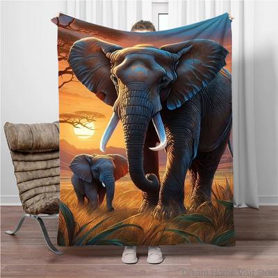 1pc Cozy Print Flannel Throw Blanket for Sofa with Elephant Design Soft, Warm, Bed,Office Nap, and Camping,plush Blanket for Bed