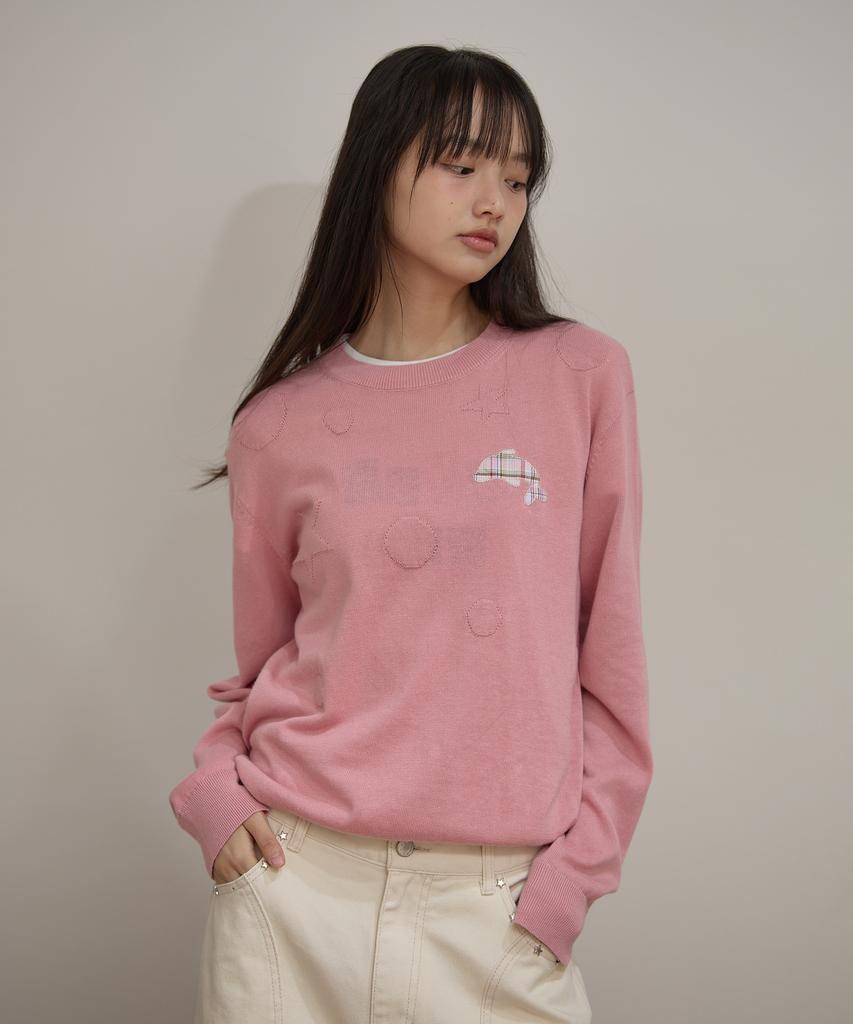 WAIKEI Dolphin Check Applique Crewneck Knit Pink