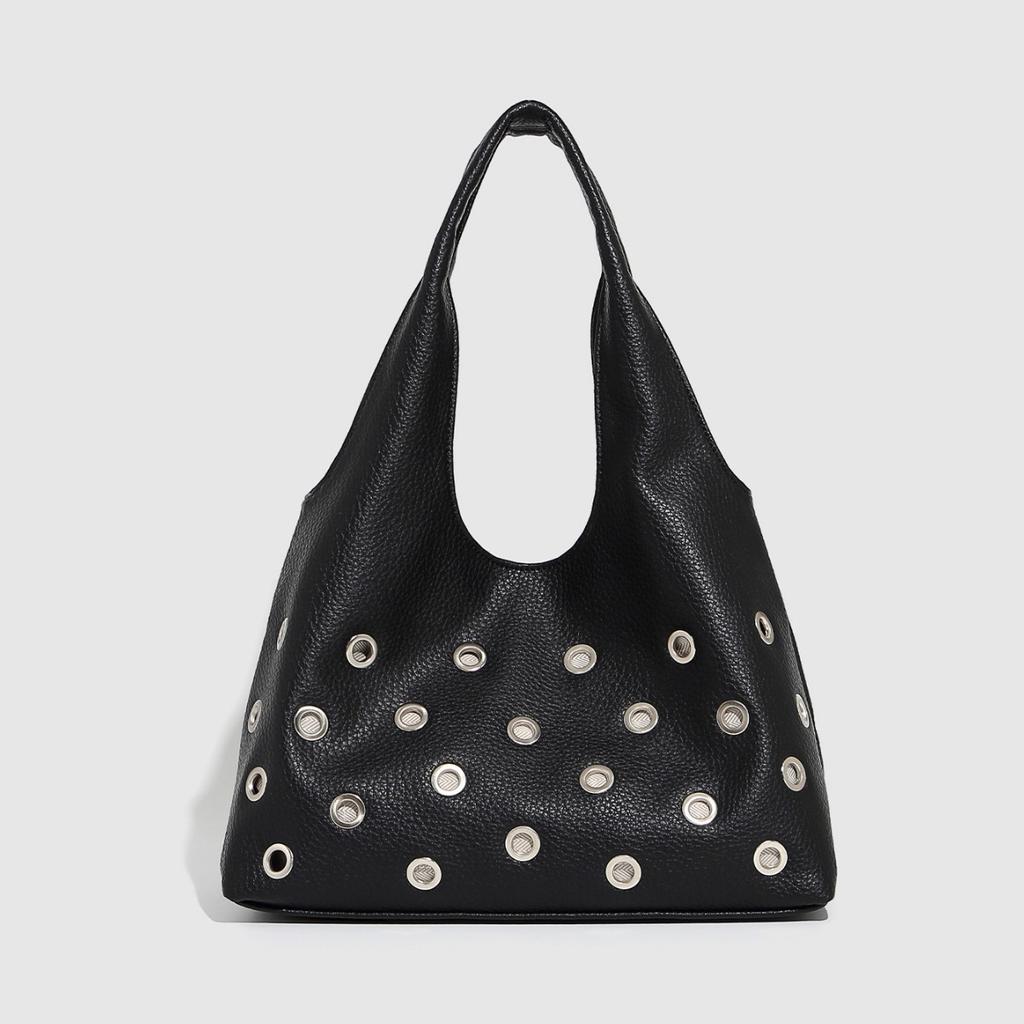 Punk Rivet Women Shoulder Bag Soft PU Leather Tote Bags for Women Handbag Half Moon Hollow Studded Shopper Tote Bucket Bags