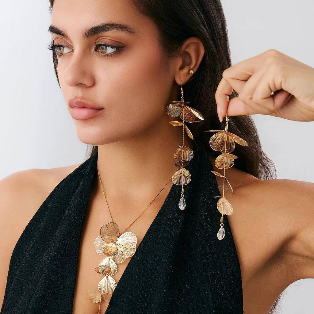 SHIXIN Elegant Leaf Flower Pendant Necklace Drop Earrings Jewelry Set For Women Golden Petals Tassel Long Necklace Party Jewelry