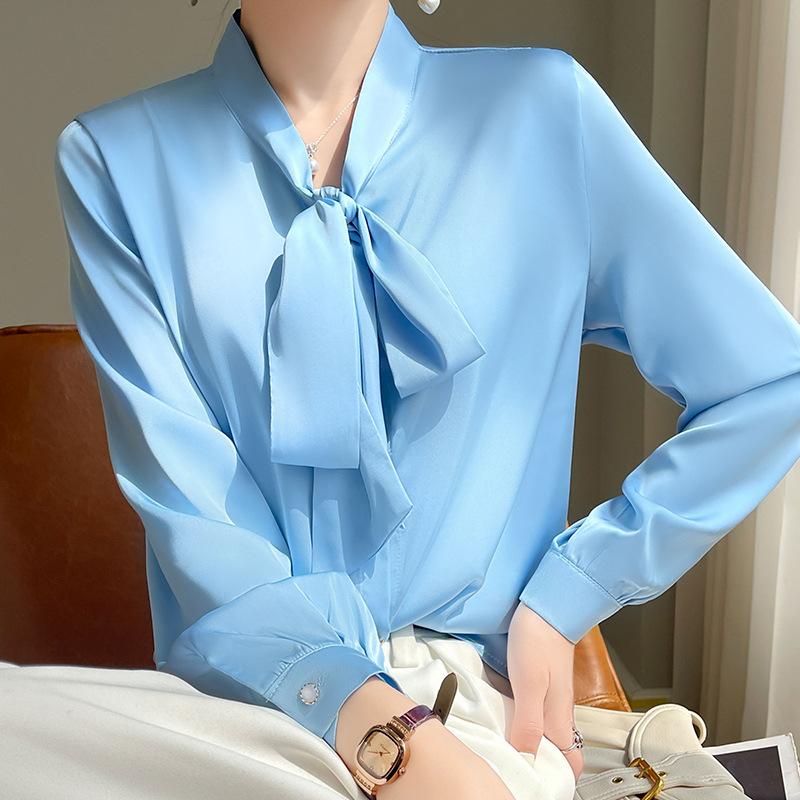 Acetate Satin Bow Streamer Neck Shirt for Women In Summer New Draped Silky Korean Style Long-sleeved Top Base Shirt