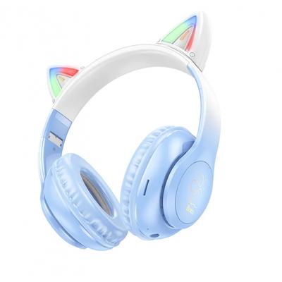Hoco W42 Kedi Kulaklı Bluetooth Kablosuz Çocuk Kulaklığı LED Işıklı Mavi Beyaz
