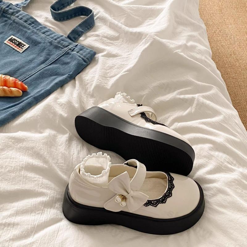 Women's Leather Shoes 2025 Spring Autumn New Height Increase Mary Jane Shoes Bow Knot Lace Comfortable Party Dress Shoes
