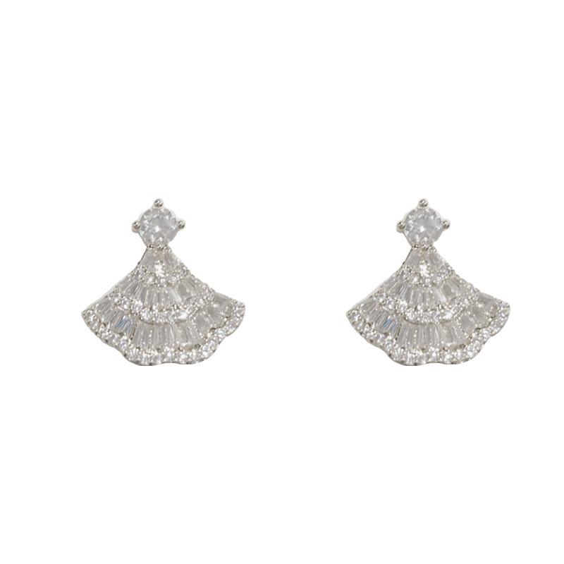 S925 Silver Needle Zircon Fan-Shaped Stud Earrings for Women - Exquisite, Versatile, and Super Shiny