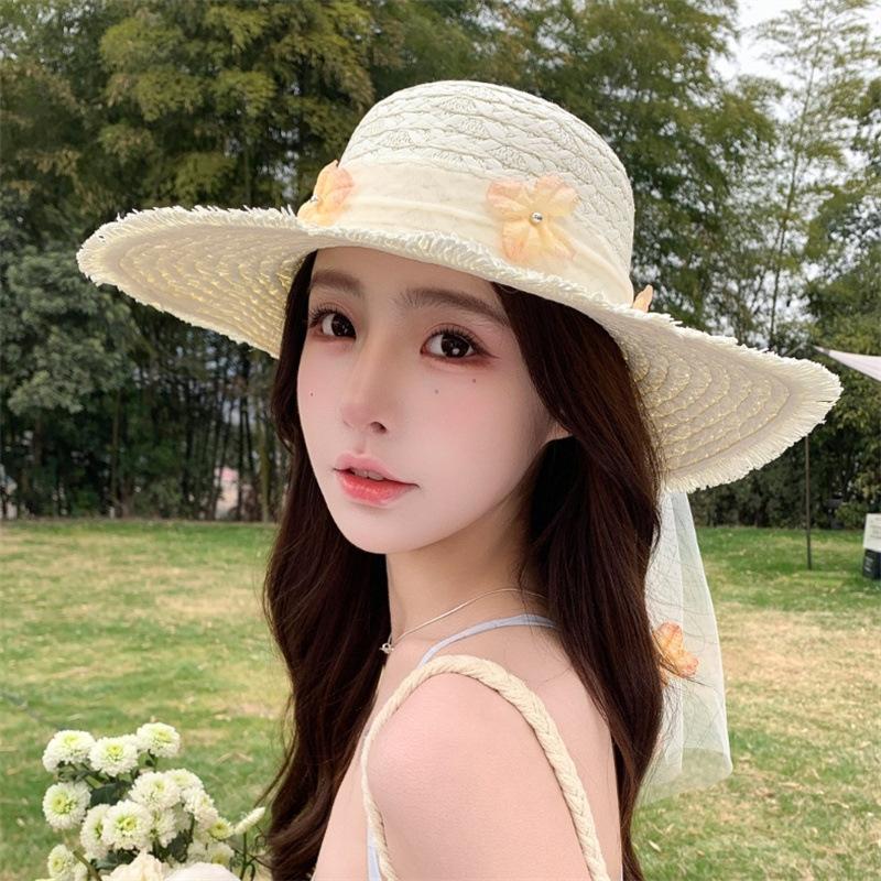 New French bow big brim straw hat women's spring summer seaside beach vacation wind shade sun protection hat