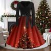 Women's Casual Vintage V-Neck Long Sleeve Dress with Christmas Print