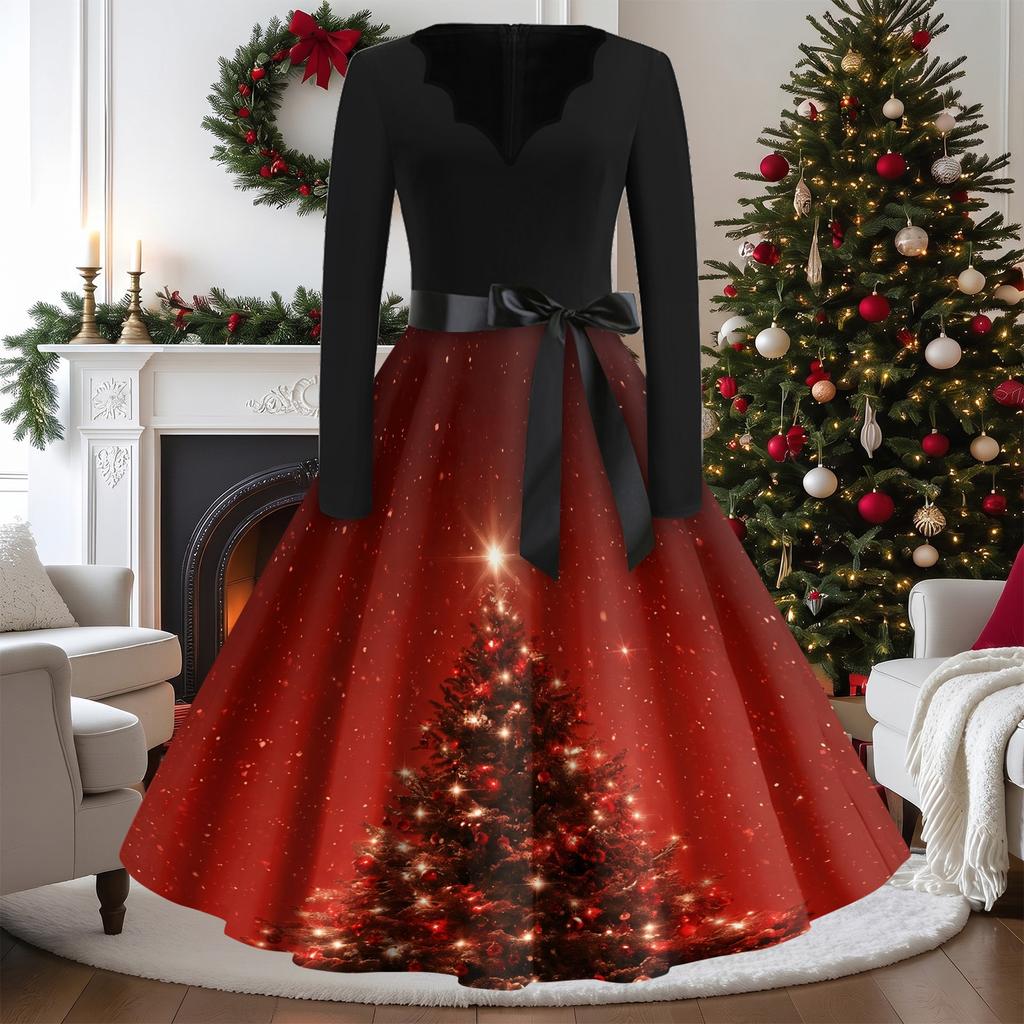 Women's Casual Vintage V-Neck Long Sleeve Dress with Christmas Print