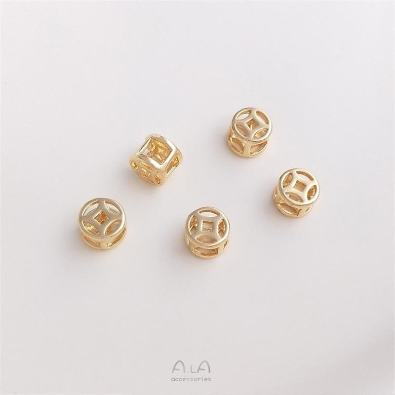 Copper-Plated 14K Gold Color-Preserving Hollow Coin Bead Bracelet with Large Hole Spacer Beads On Woven Leather Cord - DIY Beading Accessories.