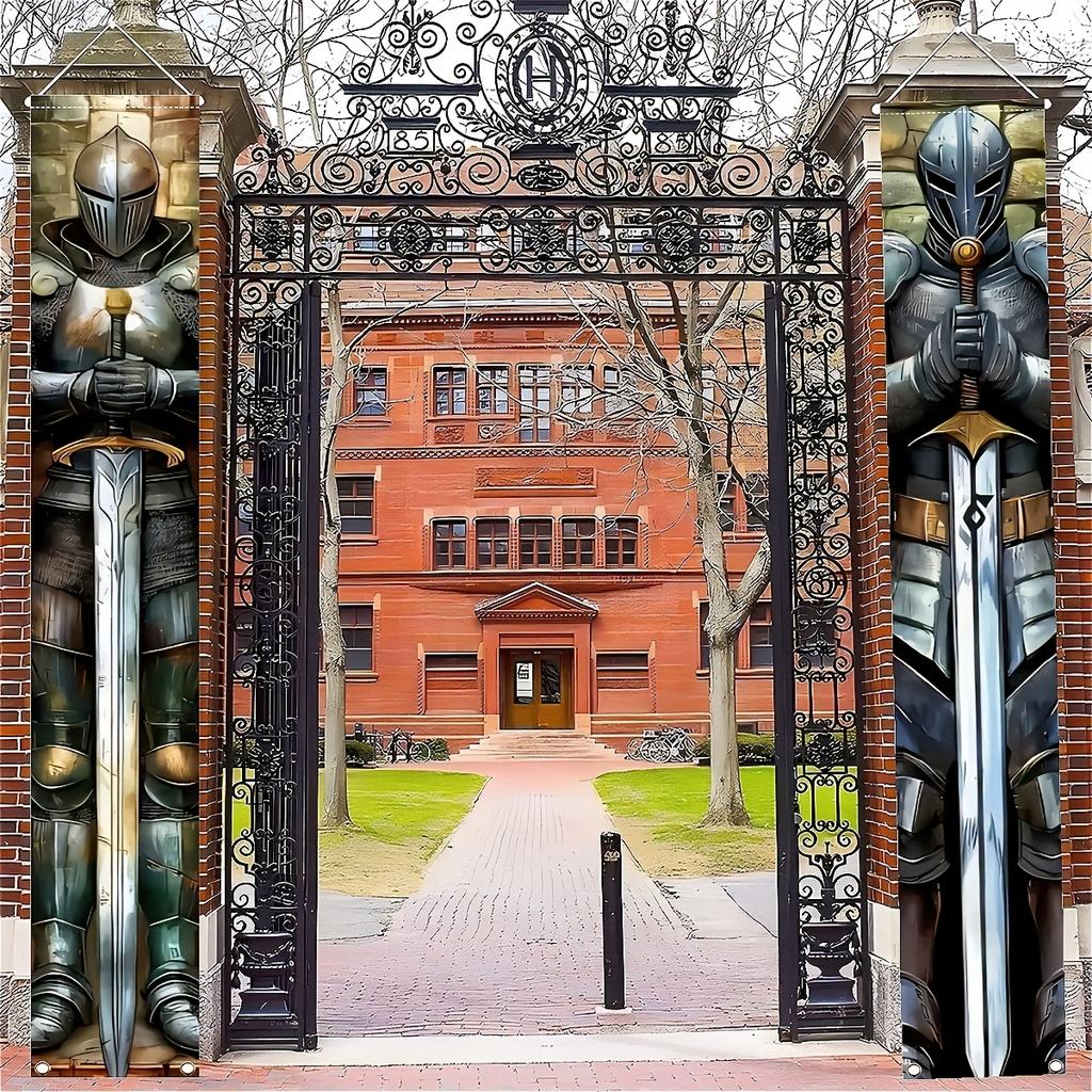 2Pc2D Medieval Welcome Door Couplet, 12X70.8-Inch Polyester Porch Banner, Iron Horse Riding Design, Suitable for Medieval Festivals, Festivals, Partie