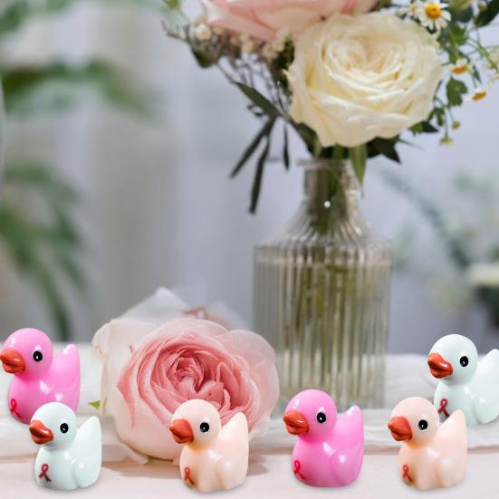 60 Stück Brustkrebs Mini Entenfigur Rote Schleife Ente Harzstatue Miniatur Tier Ornament Dekoration Brustkrebs-Bewusstseinsmonat Geschenke