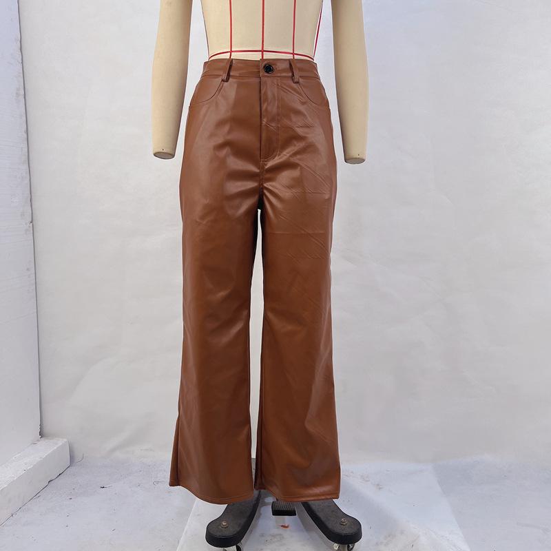 High Waist Women's Retro Leather Pants - Casual Slim Fit, Wide Leg, Autumn/Winter