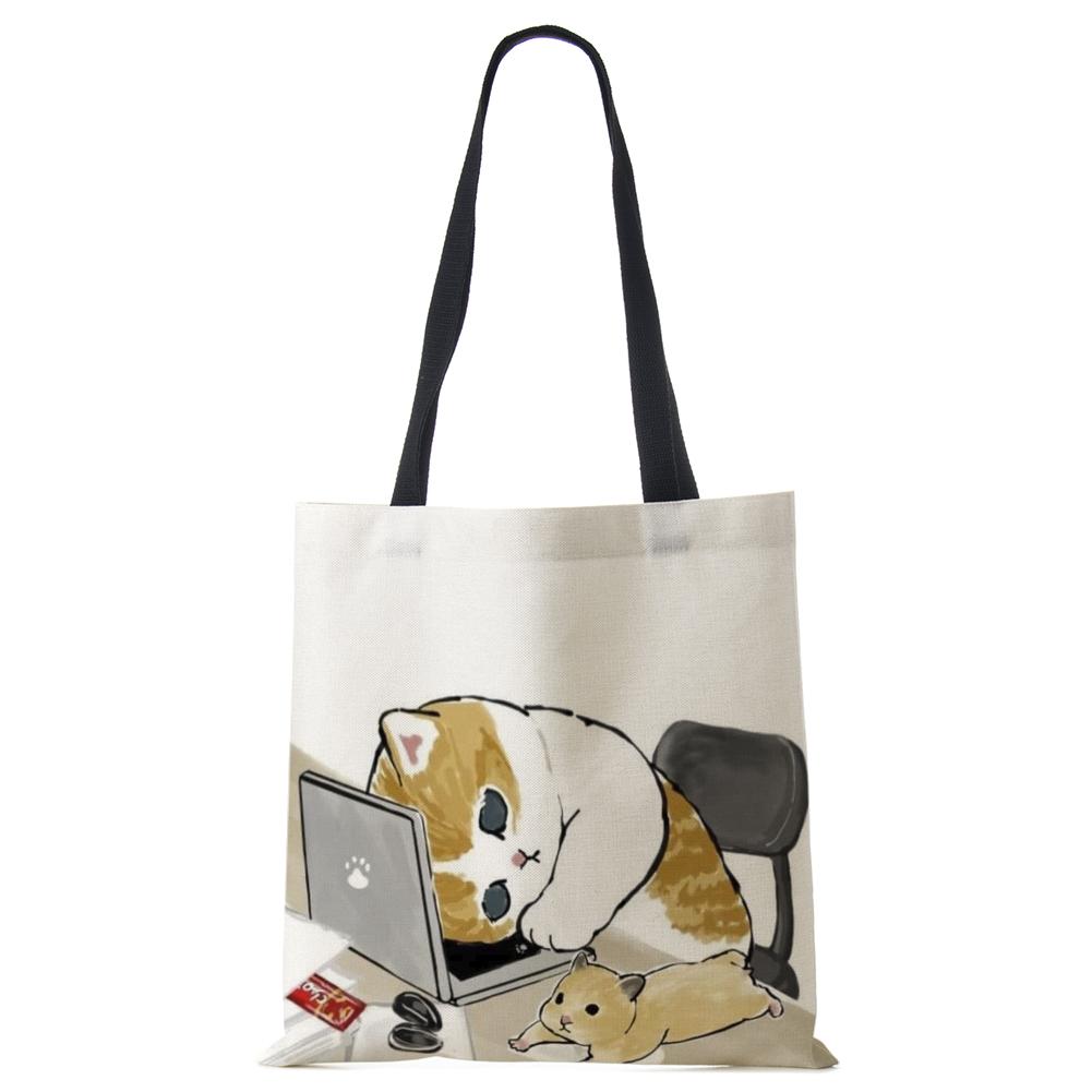 Cat Cartoon Canvas Shoulder Bag Women Print Harajuku Casual Shopping Tote Bag Reusable Large Capacity Folding Handbag CLE