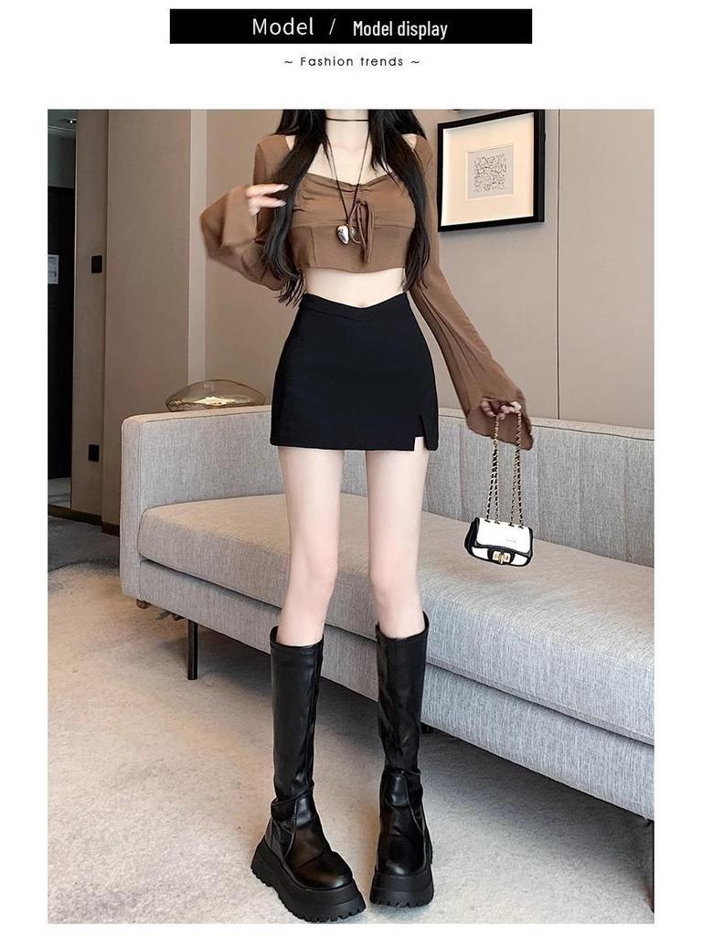 Frühling/Sommer 2024 Schwarzer A-Linien-Midirock mit hoher Taille, Stretch, schlankmachend, mit Schlitz - Hot Girl Edition