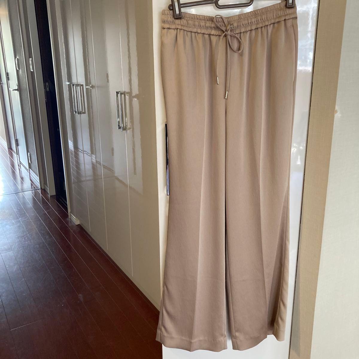 Plaste Wide Pants Beige Elastic Waist String Casual Pants