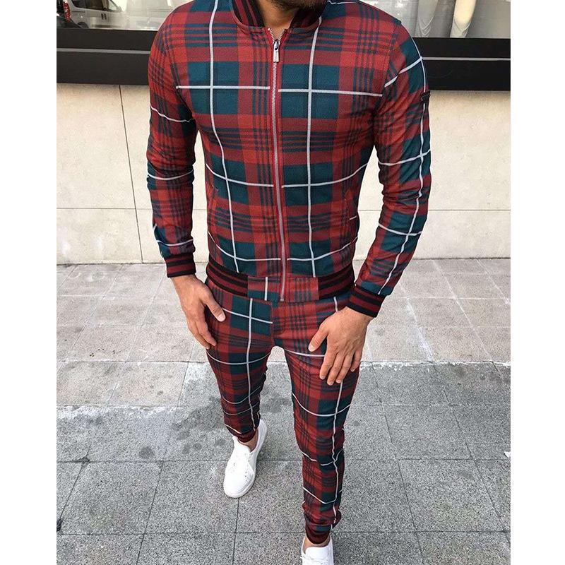 Autumn Men's Casual Plaid Sport Suit: Zip-Up Jacket & Long Pants Two-Piece Set