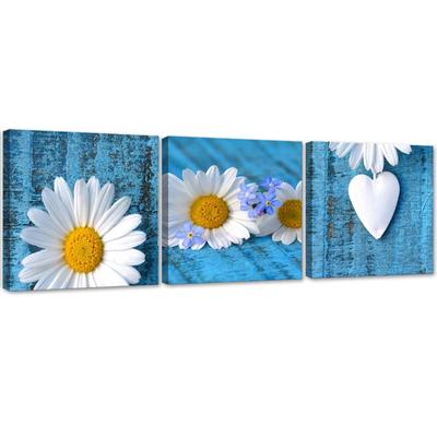 Set of Three Pictures Canvas Print Daisy and Heart Blue