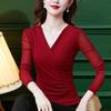 Spring Autumn New Korean Slim Fit Bottoming Shirt Fashion Black Mesh Cross V-neck Pullovers Top Long Sleeve T-shirt for Women
