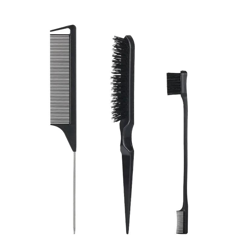 New 3Pcs Slick Back Hair Brush Set Bristle Hair Brush Brush Teasing Comb for Women Baby Kids Black Hair