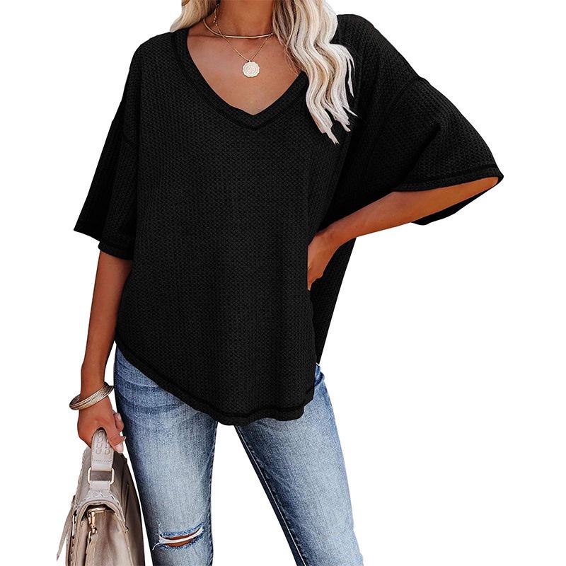 2024 Damen Sommer V-Ausschnitt Fledermausärmel Waffelstrick Kurzarm Locker T-Shirt Top