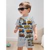 Set de 2 piese pentru copii, de vară, casual, sport, la modă, cu imprimeu model 3D, tricou cu gât rotund și pantaloni scurți