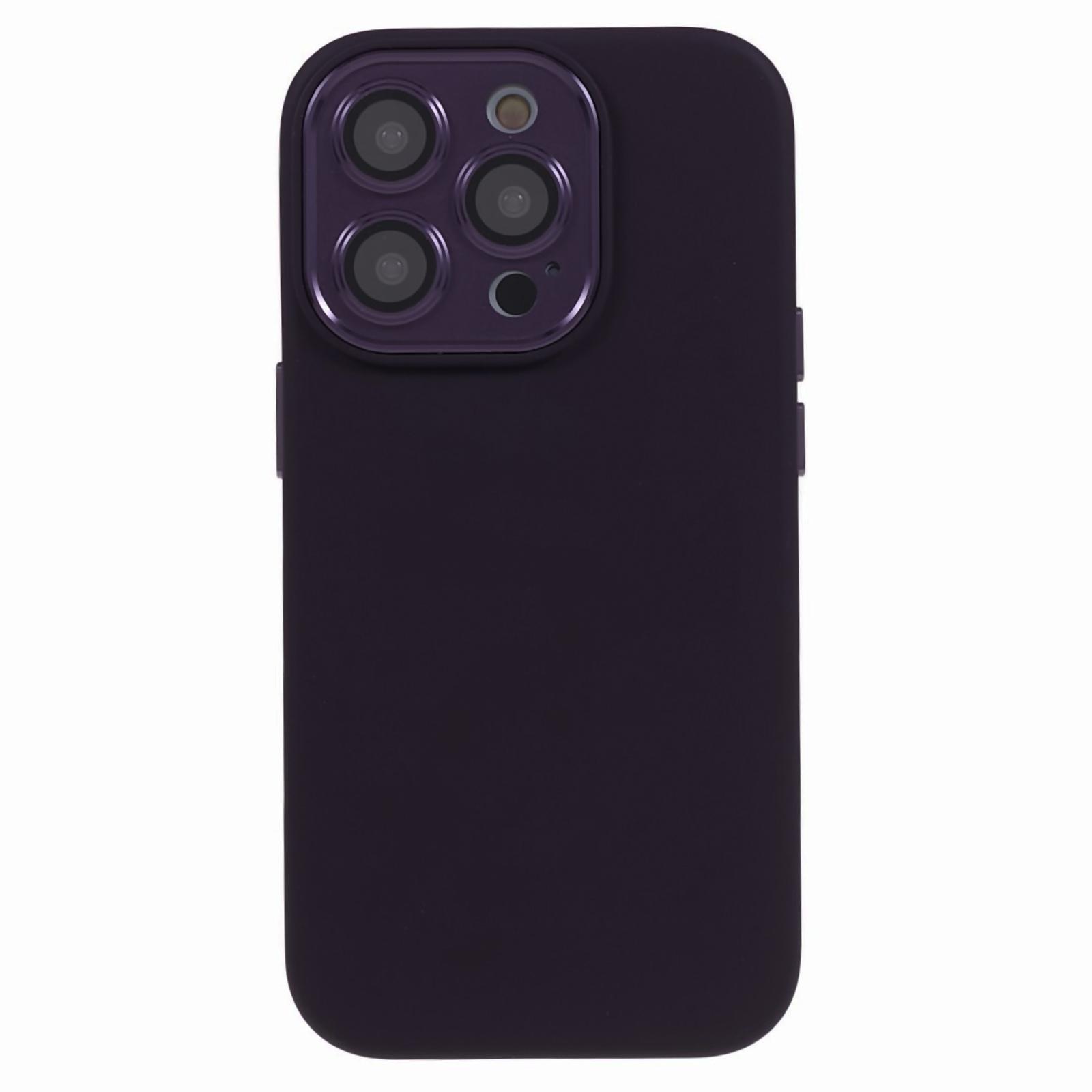 

For iPhone 14 Pro Max Metal+Tempered Glass Lens Protector Phone Case Liquid Silicone+PC Anti-fall Cover Dark Purple