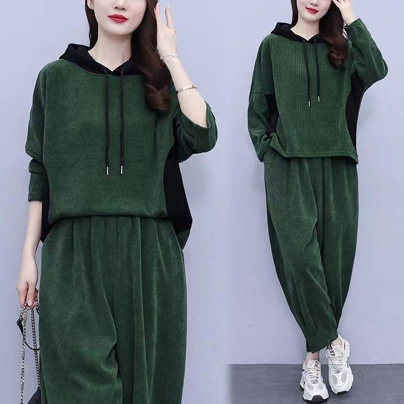 Autumn Plus Size Hooded Corduroy Fashion Set - Slimming Two-Piece for Casual Wear