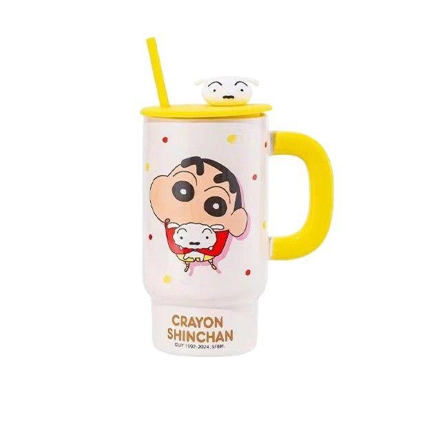Crayon Shin Shirt Mug with Lid Straw Cup Office Casual Cup Summer Ceramic Water Cup Large Capacity