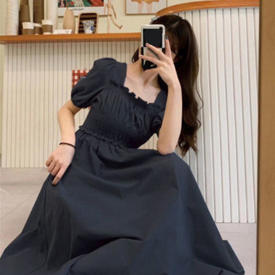 Women Summer Dress Square Neck Bubble Sleeve Pleated Shirring Elastic Bust Short Sleeve A-line Loose Hem Vintage Mic-calf Length Midi Dress