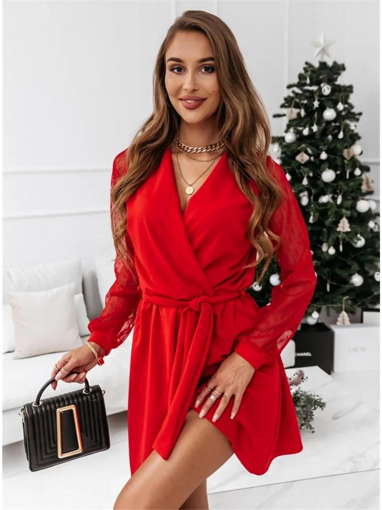 V Neck Lace Long Sleeve Women  Dresses High Waist Splicing Dress Girl Cocktail Evening Dresses
