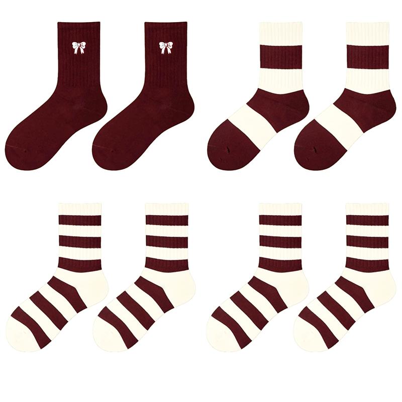 Ancora Women's Mid Tube Pure Cotton Socks Korean Style Bow Embroidery  Warm Breathable Festive New Year Girls Socks