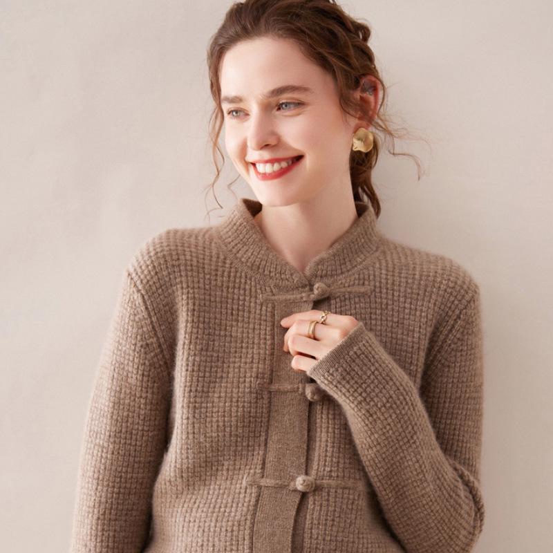 Women's Cashmere Cardigan with Frog Button and Qipao Collar - 100% Pure Wool, Retro Style, Thick Knit Sweater Coat