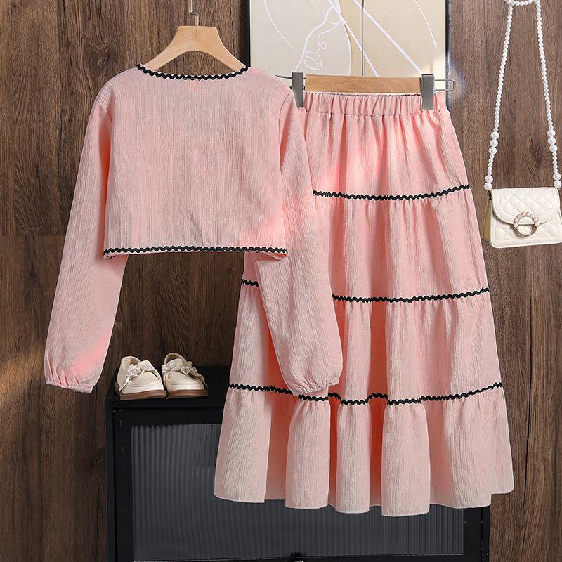 Girls' Fashionable Outfit - Summer Children's Elegant Solid-color V-neck Bow Tie Long-sleeved Shirt and Sweet Half-length Skirt Set