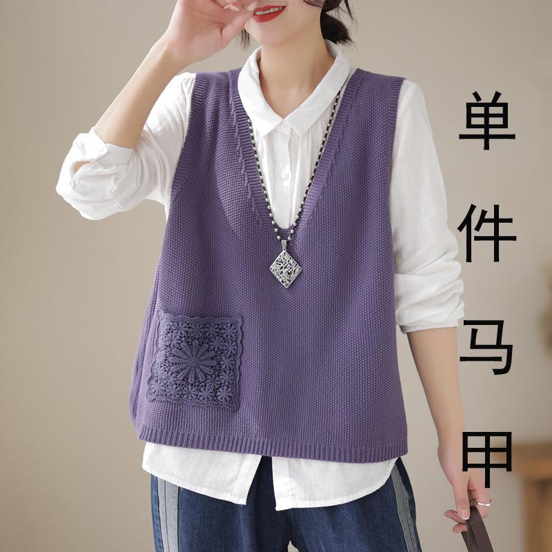 Spring and Autumn Women's Knitted Vest V-neck Solid Color Ethnic Style Lace Sweater Women