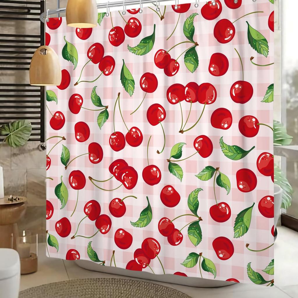 Red Cherry Shower Curtain Watercolor Aesthetic Shower Curtains For Bathroom Fruits Bath Bathroom Curtain Decor Spring Shower