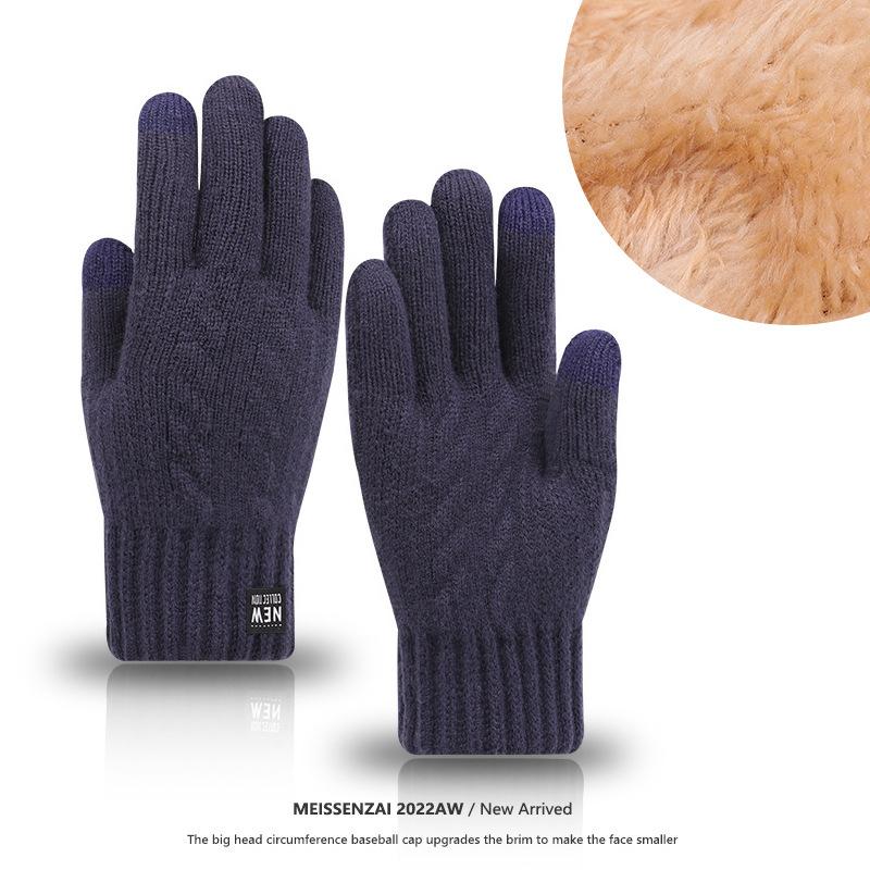 Warm Gloves for Men In Autumn and Winter Touch Screen Wool Knitted Electric Bike Riding and Driving Plus Velvet Thickening Students Prevent Cold